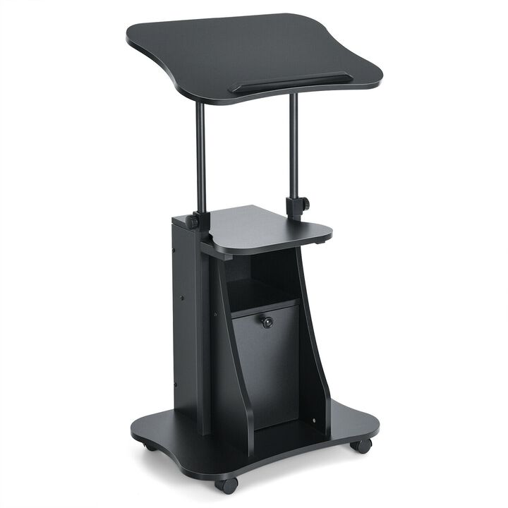 Adjustable Mobile Standing Desk Cart with Tilt Desktop and Cabinet