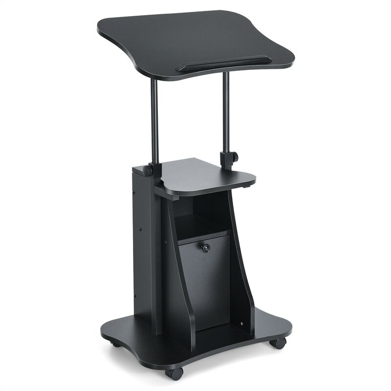 Adjustable Mobile Standing Desk Cart with Tilt Desktop and Cabinet