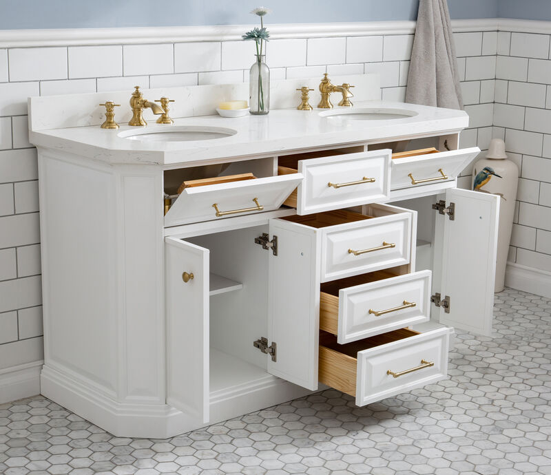 Palace 60 In. Double Sink Carrara Quartz Countertop Bath Vanity in Pure White with Satin Gold Hardware