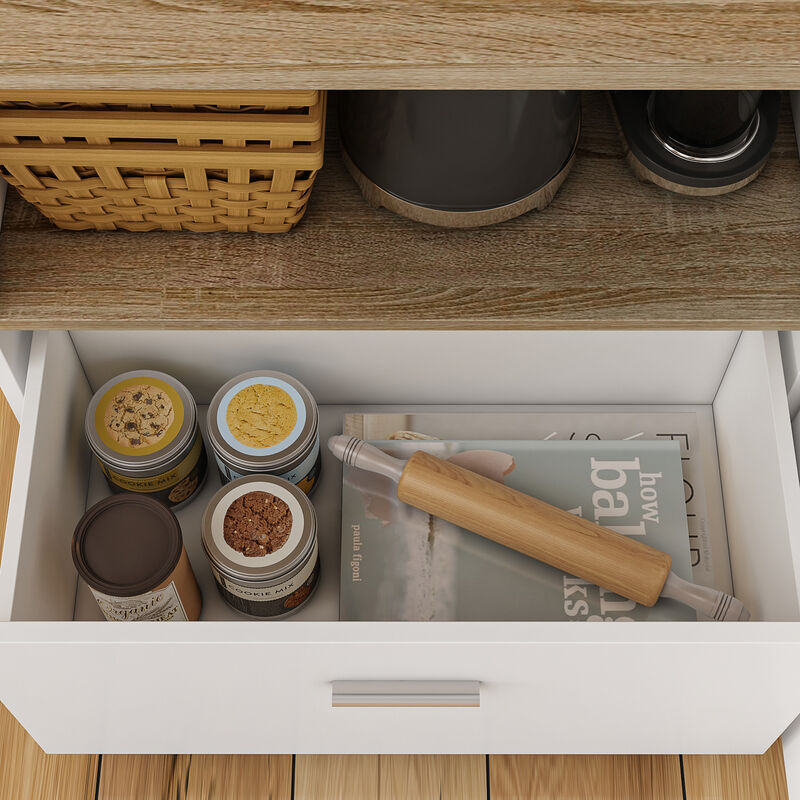 White/Oak Wood 59.1 in. W Kitchen Island Dining Table With Adjustable Shelves and Drawer