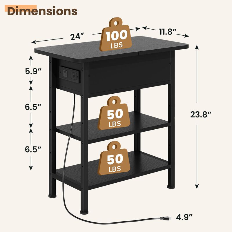 GRUSIGN End Table with Charging Station, Flip Top Side Table with USB Ports and Outlets, 3-Tier Small Side Table with Storage fo