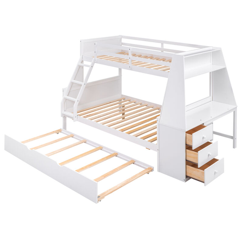 Twin Over Full Bunk Bed With Trundle And Built-In Desk, Three Storage Drawers And Shelf