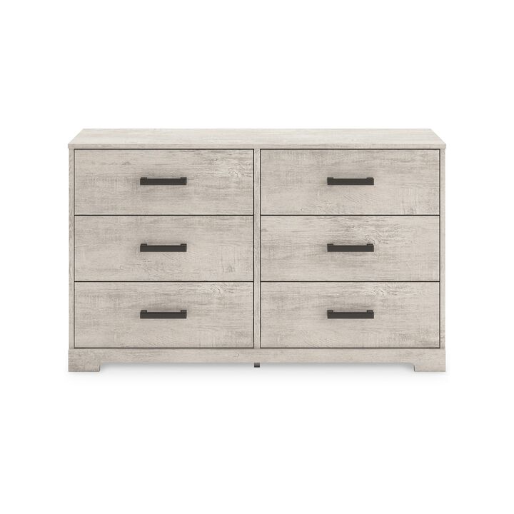 Shawn Wide Dresser, 6 Drawers, Black Handles, Light Gray Wood, 59 Inch - Benzara