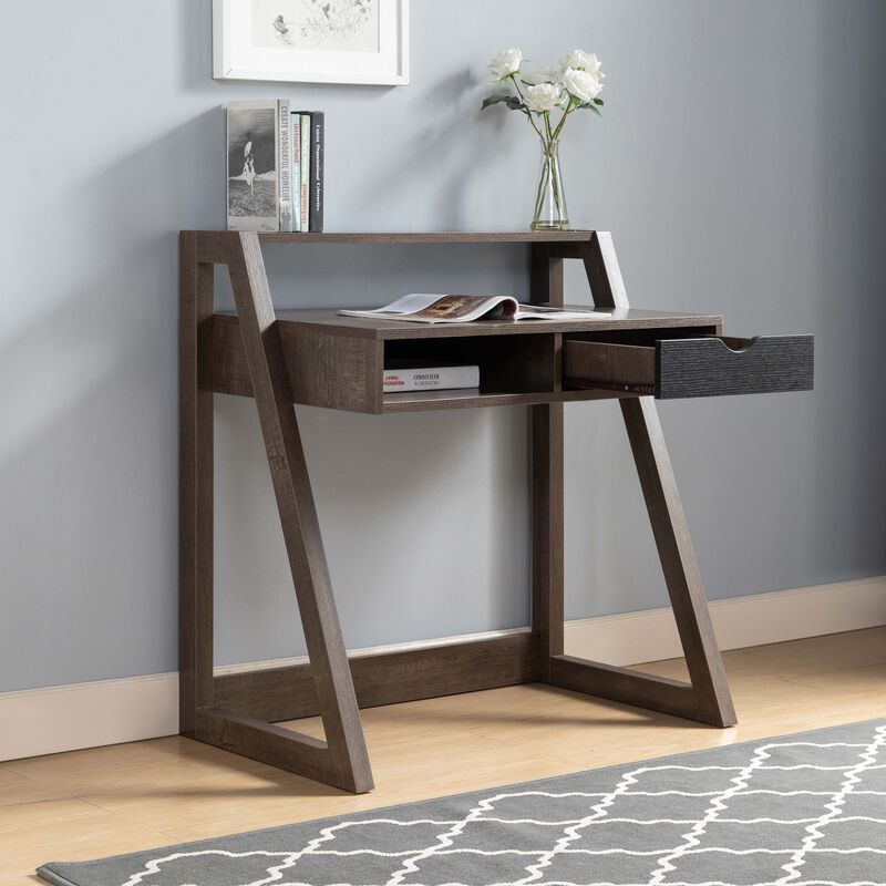 Walnut Oak & Black Home Office Desk with Lifted Shelf and USB/Power Outlet