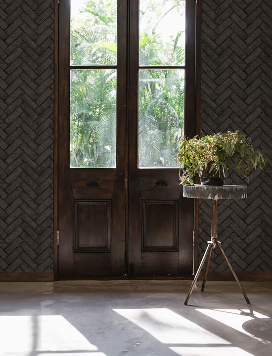 Canelle Black Brick Herringbone Wallpaper (Set of 2)