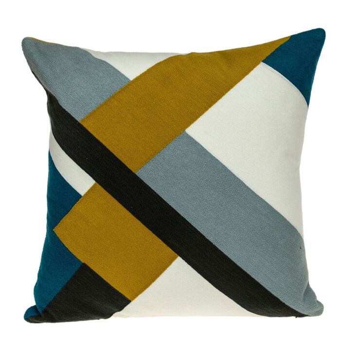 20" Yellow and Blue Geometric Embroidered Square Throw Pillow