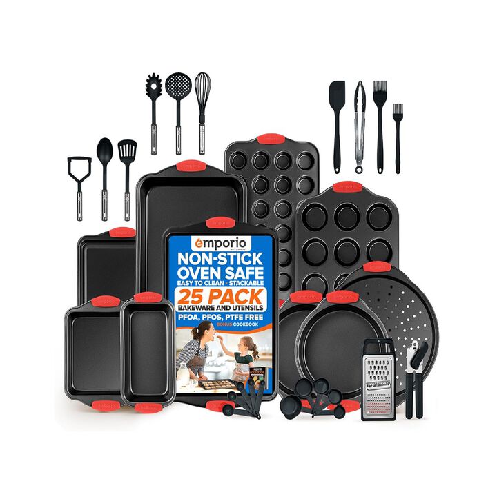 Baking Pan Set - Nonstick Coating, Carbon Steel Bakeware Set with Red Silicone Handles, PFOA, PFOS, PTFE Free, Recipe Booklet Included, Oven Safe Tray (Up To 450° F), Set of 25 - Black