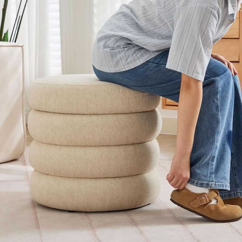 Beige Linen Upholstered Round Storage Ottoman - Removable Lid image number 7