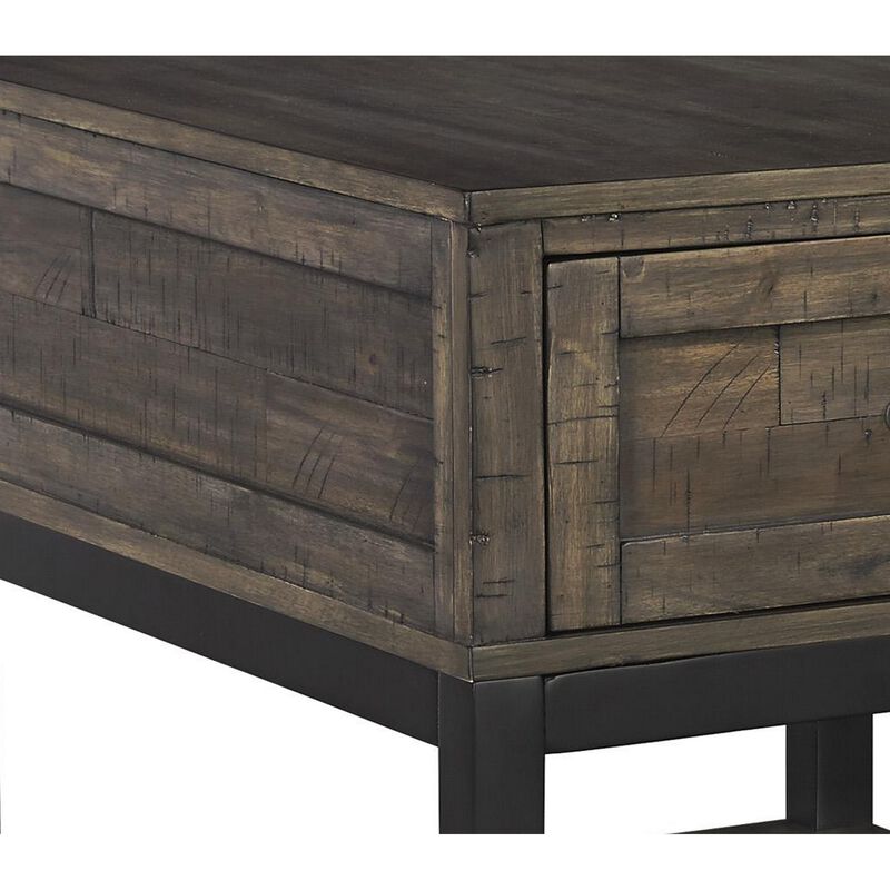 Two Tone Wooden End Table with 1 Drawer and Metal Base, Brown and Black
