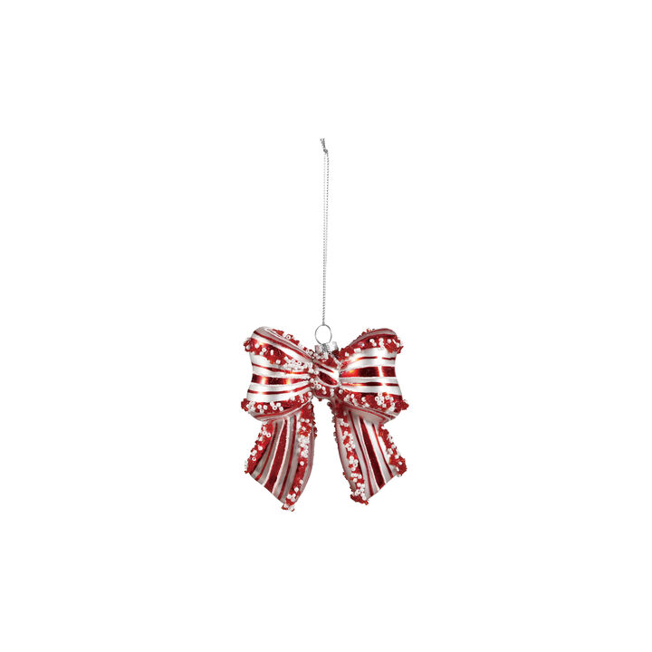 Glass Candy Stripe Bow Ornament with Beaded Accents, Red & White