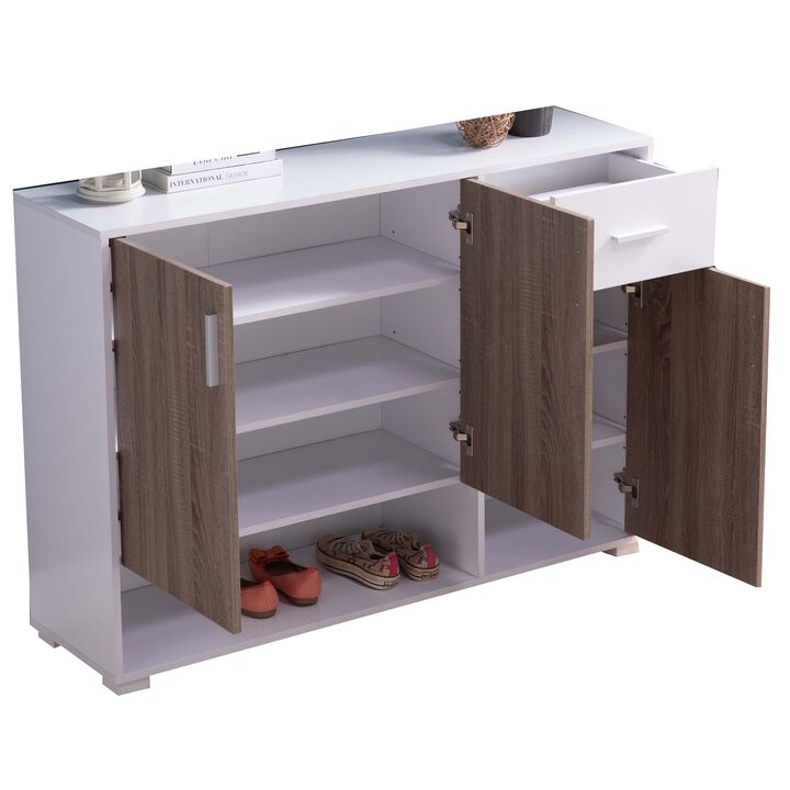 47 Inch 3 Door Cabinet Console, Single Drawer, Metal Handles, White, Taupe - Benzara