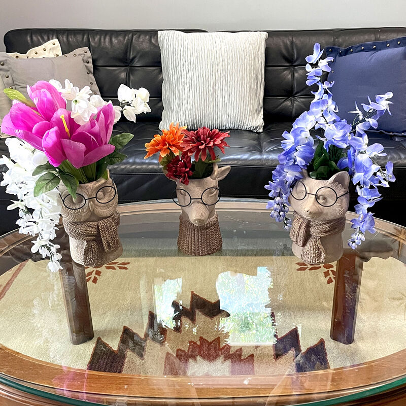 Bespectacled Deer Cement Vase 8.7" Gold Accents Knit Scarf Real Wire Glasses image number 5