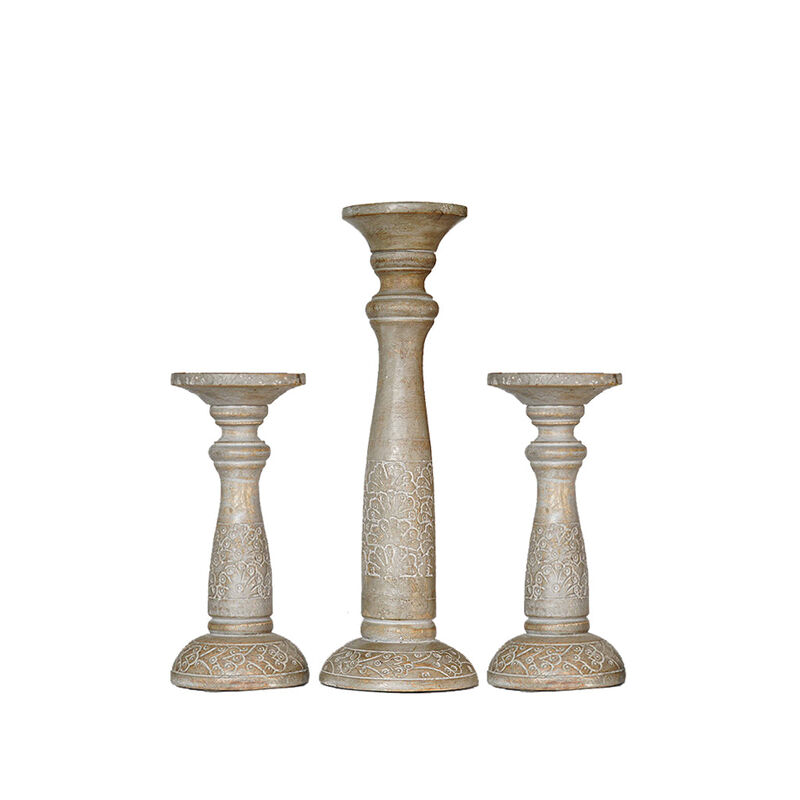 Traditional Gray Wash Eco-friendly Handmade Mango Wood Set Of Three 9",15" & 9" Pillar Candle Holder BBH Homes