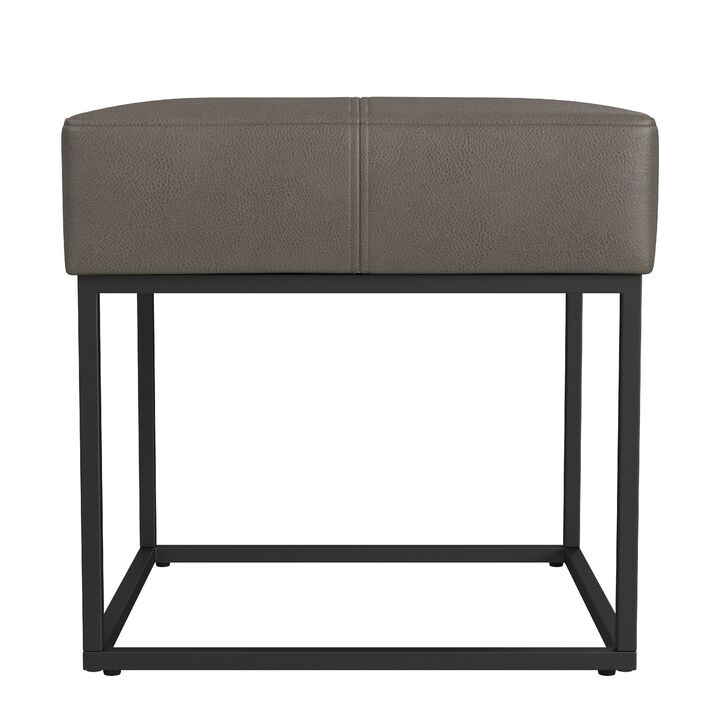 Kai Ottoman Footstool, Gray Faux Leather, Black Metal, 18 Inch Square
