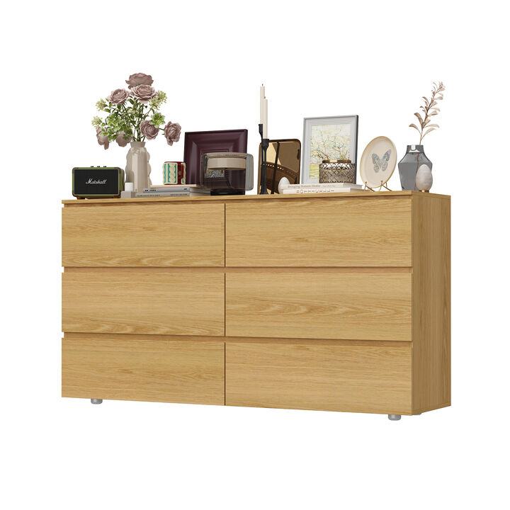 FUFU&GAGA 6-Drawer Natural Oak Dresser, Handle-Free Wooden Storage Cabinet for Bedroom or Vanity Area, (32.3 in. H x 59 in. W x 15.7 in. D),Yellow
