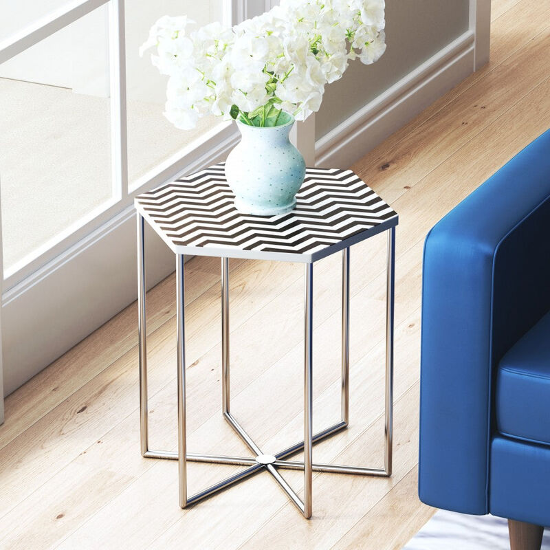 Homezia 21" Silver And Black And White Stone Hexagon End Table