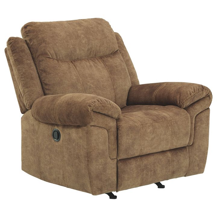 Fabric Upholstered Pull Tab Rocker Recliner with Pillow Top Armrests, Brown-Benzara