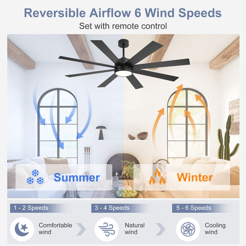 Breezary 65-inch Black Ceiling Fan with LED Light Remote and Downrod(8-Blade) image number 2