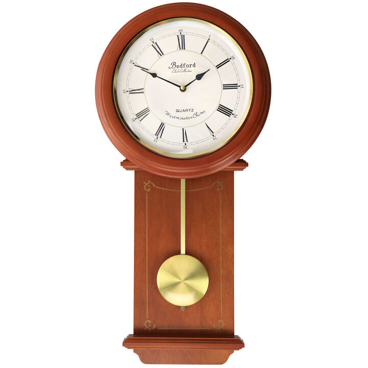 Bedford Clock Collection Olivia 24.5 Inch Cherry Wood Chiming Pendulum Wall Clock
