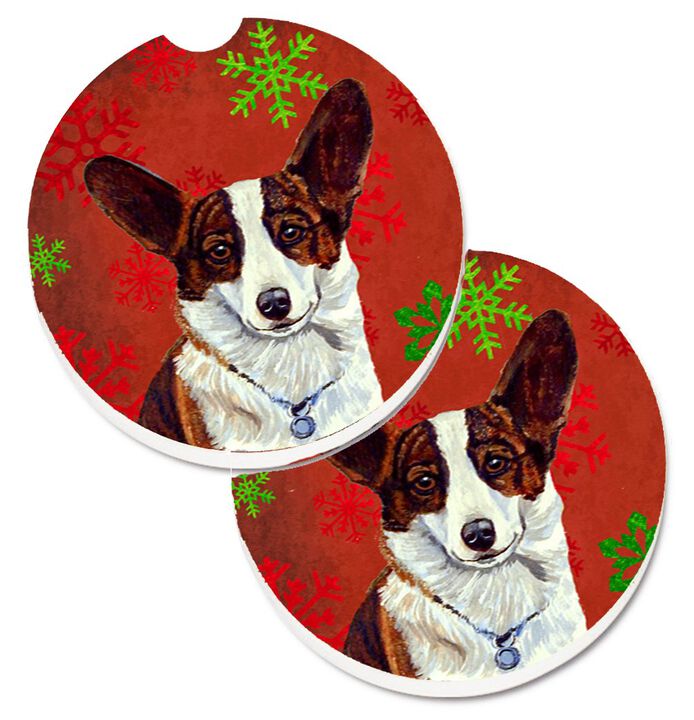 Caroline's Treasures Corgi Red & green Snowflakes Holiday Christmas Set of 2 Cup Holder Car Coasters LH9333CARC, 2.56, Multicolor