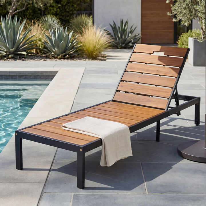 Merax Outdoor Chaise Lounge | 6-Position Adjustable Backrest, Steel Frame with Acacia Wood Slat Seat