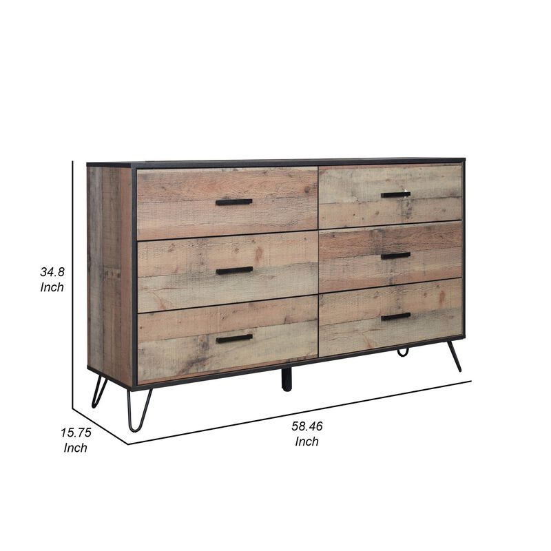 Benjara Lala 58 Inch Dresser, 6 Drawers, Handles, Rustic Wood Finish, Brown, Black
