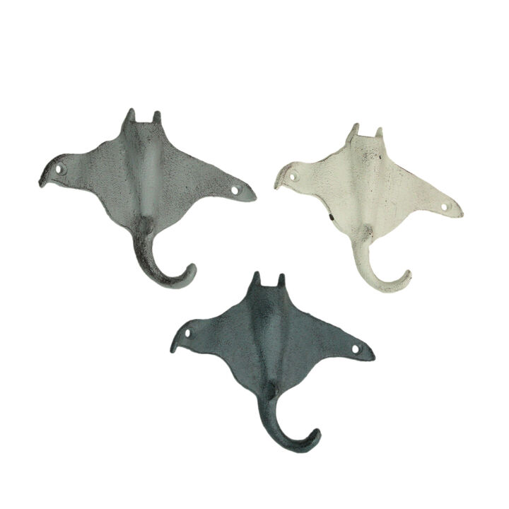 Set of 3 Cast Iron Stingray Wall Hooks 6.25 Inches Long&ndash; Easy to Hang - Blue ,Gray, White - Coastal Decor Perfection for Beach Towels, Keys or Coats
