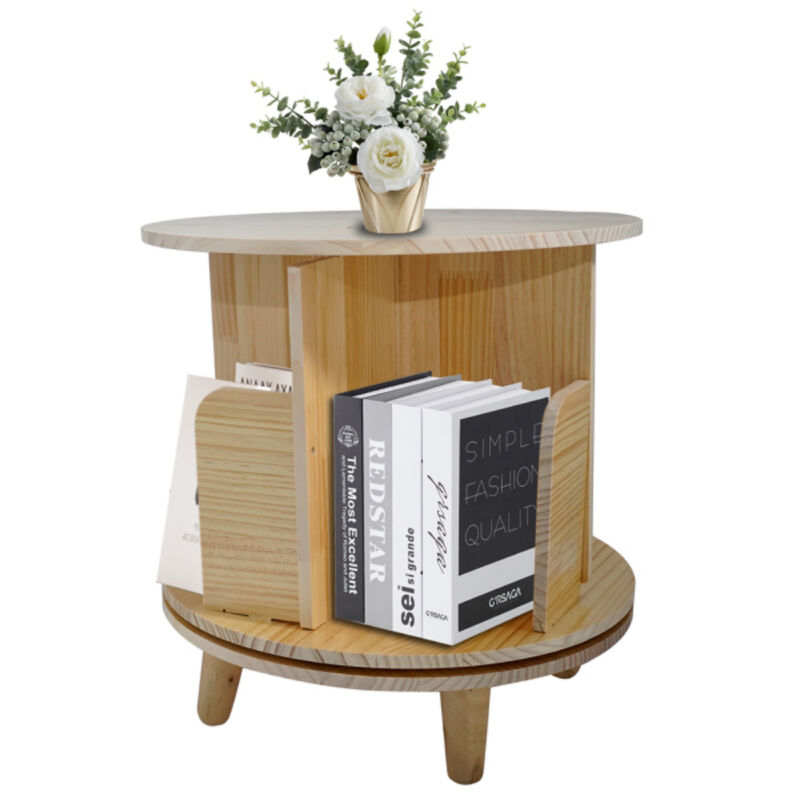 Pine Wood 1-Layer Rotating Bookcase, 360° Bookshelf Display Stand for Home and Office Use