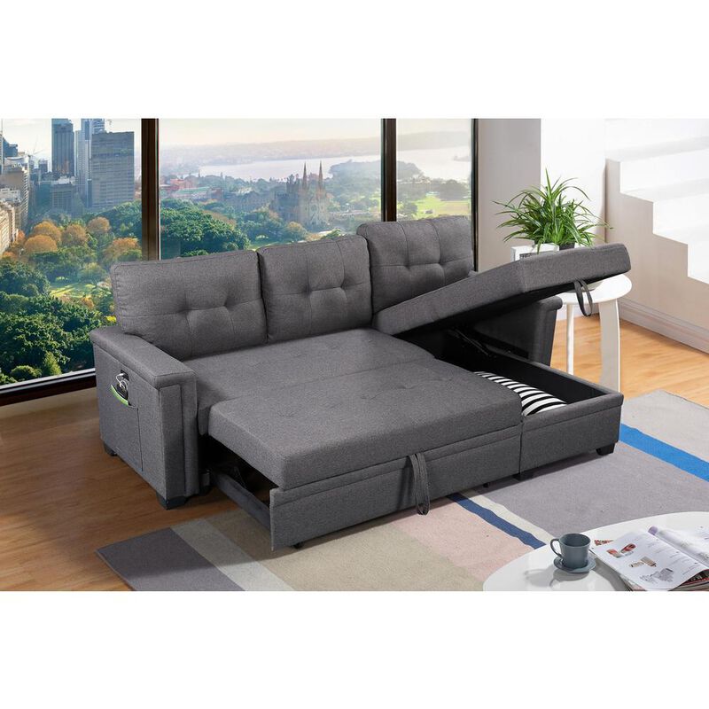 Lilola Home Ashlyn Dark Gray Reversible Sleeper Sectional Sofa with Storage Chaise, USB Charging Ports and Pocket