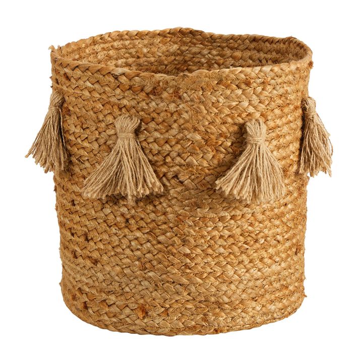 Nearly Natural 12.5-in Boho Chic Natural Hand-Woven Jute Basket with Tassels