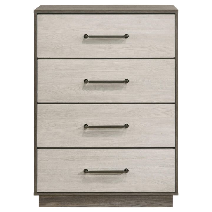 Fene Tall Dresser Chest, 4 Storage Drawers, Nickel Bar Handles, Gray - Benzara