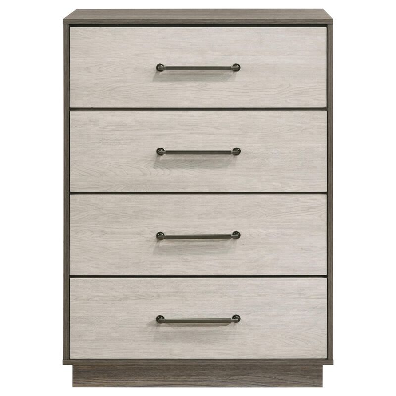 Fene Tall Dresser Chest, 4 Storage Drawers, Nickel Bar Handles, Gray - Benzara