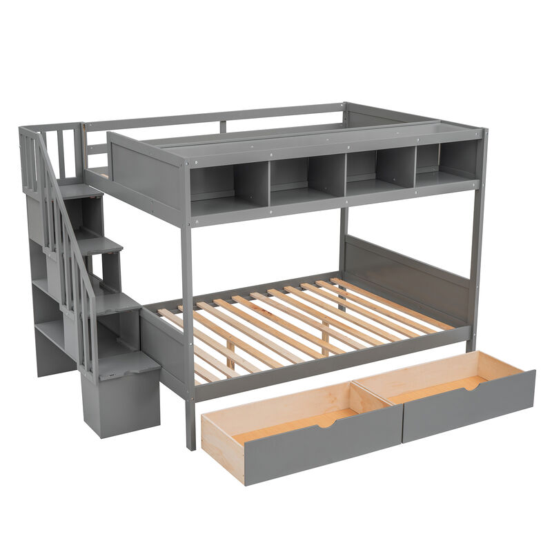 Whisen Twin over Full Bunk Bed with Shelfs, Storage Staircase and 2 Drawers- White