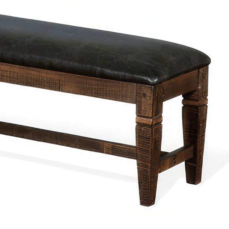 Flint Bench, Dark Gray Faux Leather, Dark Brown Mahogany, 56 Inch - Benzara