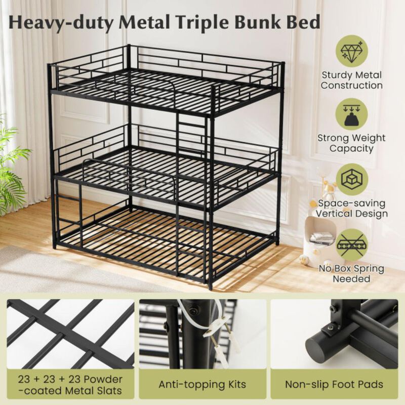 Hivvago Metal Triple Bunk Bed with Safety Guardrails and 2 Ladders-Black