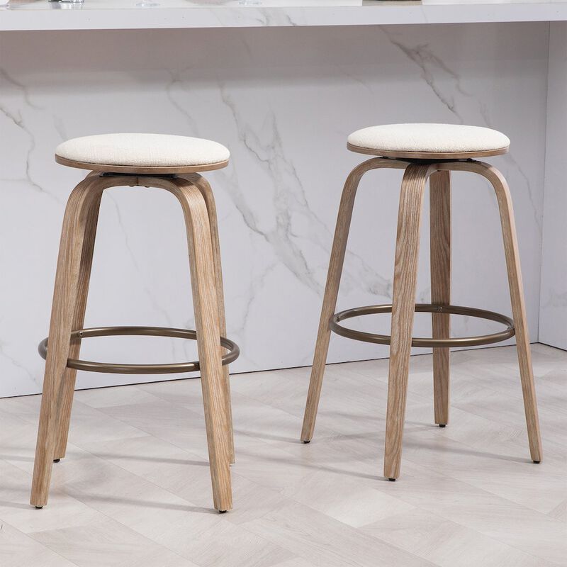 Glamour Home Set of 2 Beatus Beige Woven Fabric Bar Stool with Natural Wood Legs Set