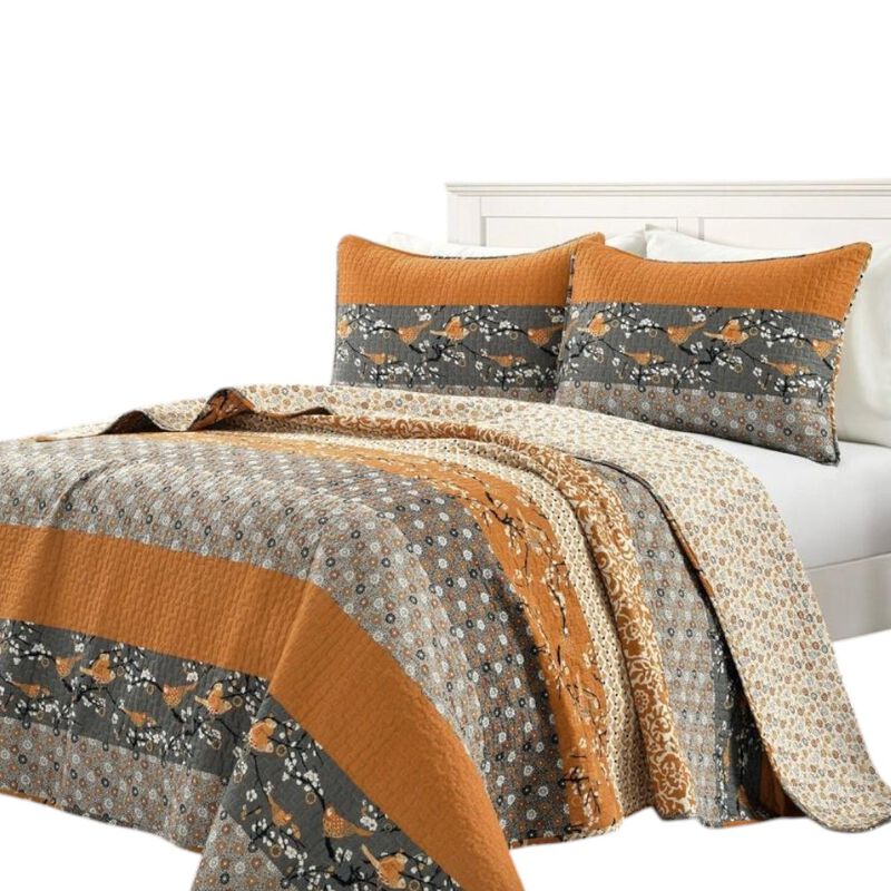 Hivvago Orange Grey Floral Birds Reversible Quilt Set