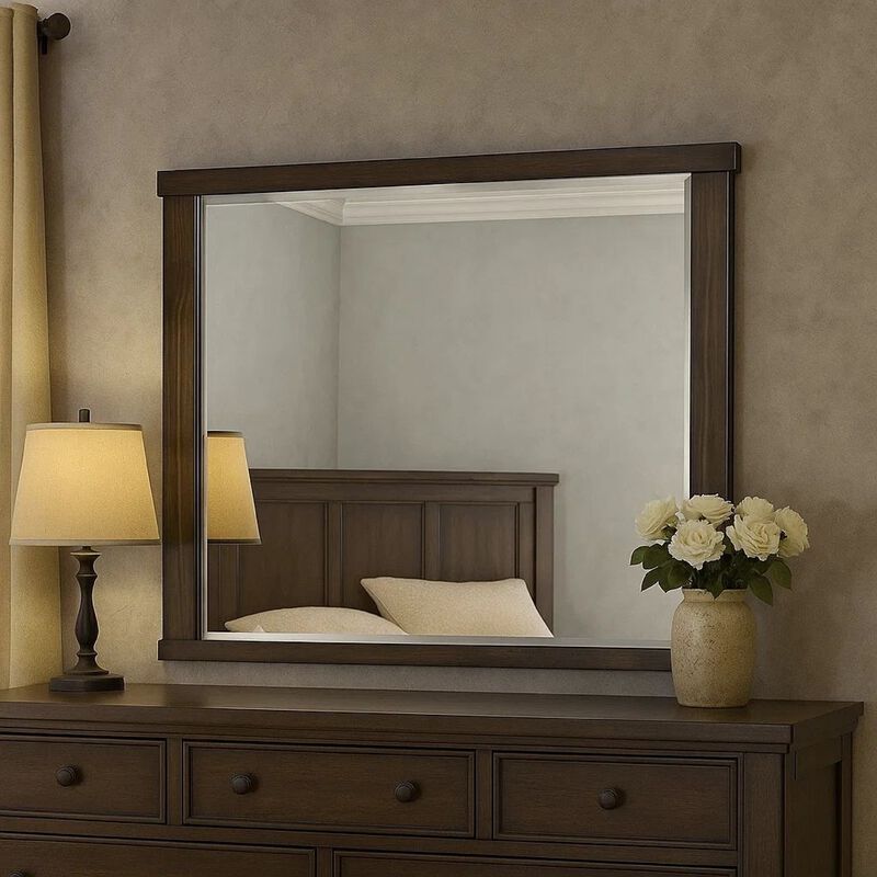 Rectangular Wooden Frame Mirror with Mounting Hardware, Walnut Brown