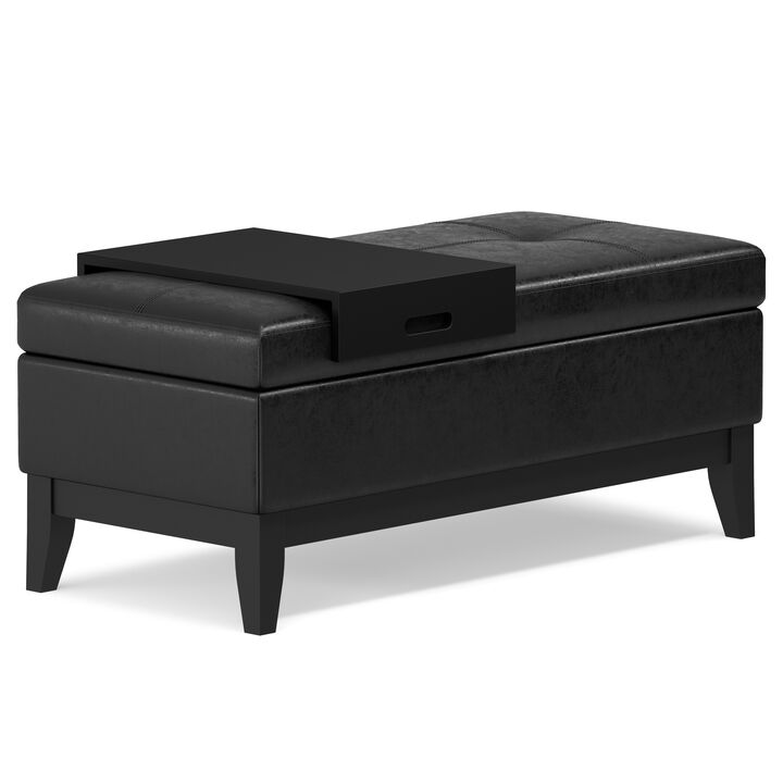 Oregon 42 inch Wide Transitional Rectangle Storage Ottoman Bench with Tray in Distressed Black Vegan Faux Leather, Assembled