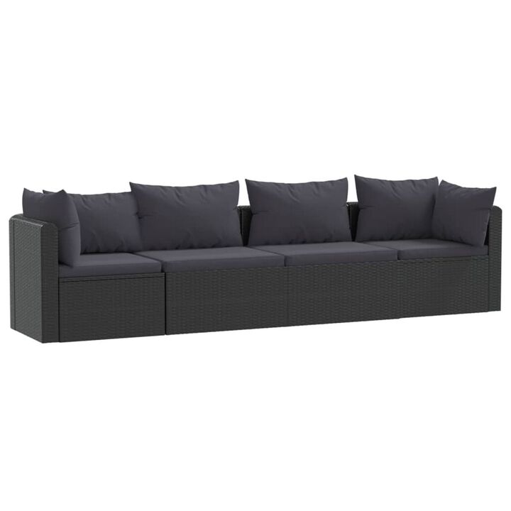 4pc Outdoor Modular Sofa Set, Black Woven Poly Rattan and Cushions - Benzara