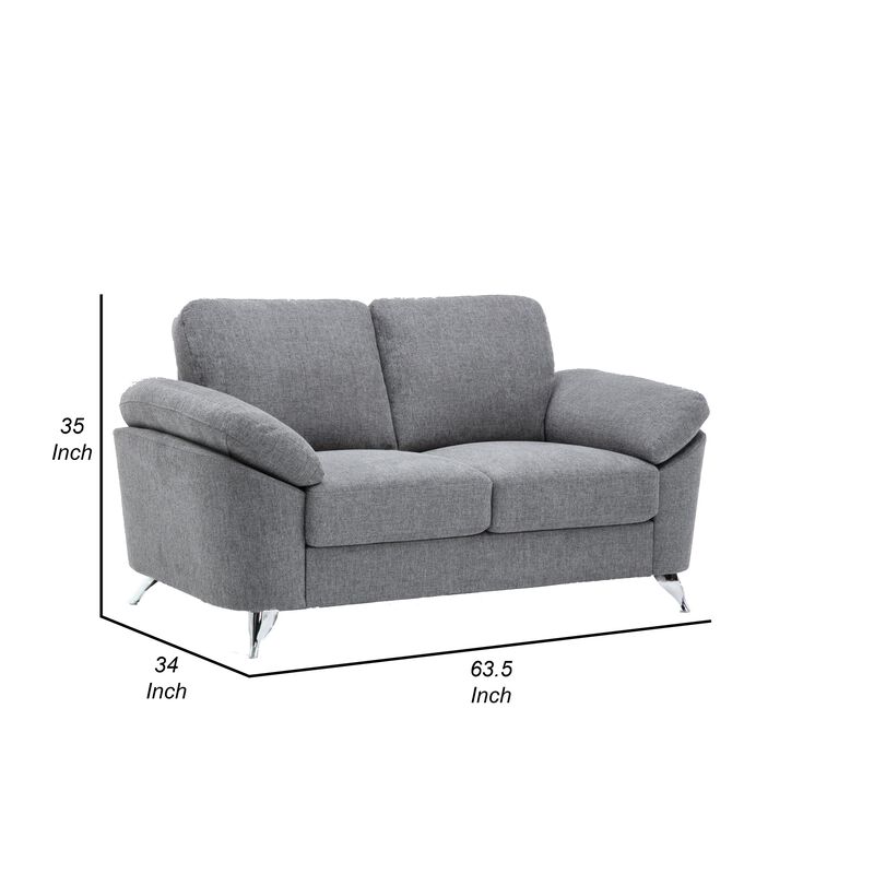 Nel 64 Inch Loveseat with Soft Gray Linen, Chrome Metal Legs, Solid Wood - Benzara