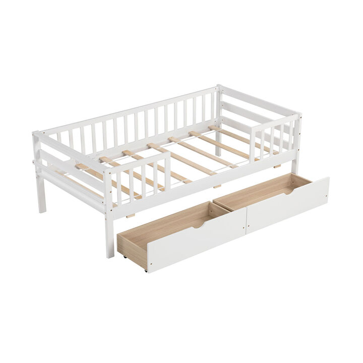 Kids Bedroom Daybed – Bed with Fence and 2 Storage Drawers for Boys & Girls