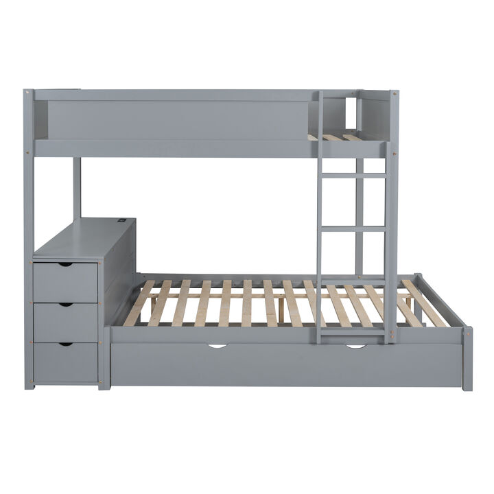 Whisen Full-Over-Full Bunk Bed with Trundle Desk Drawers, Solid Wood for Bedroom Kids