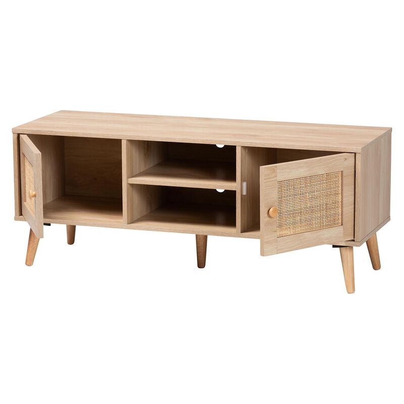 Baxton Studio Sebille  Light Brown Finished Wood 2 Door TV Stand with Natural Rattan image number 2