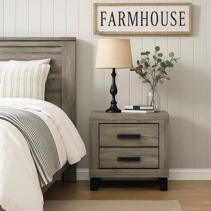 Rachy Nightstand, 2 Drawers with Black Metal Handles, Farmhouse Light Gray image number 1