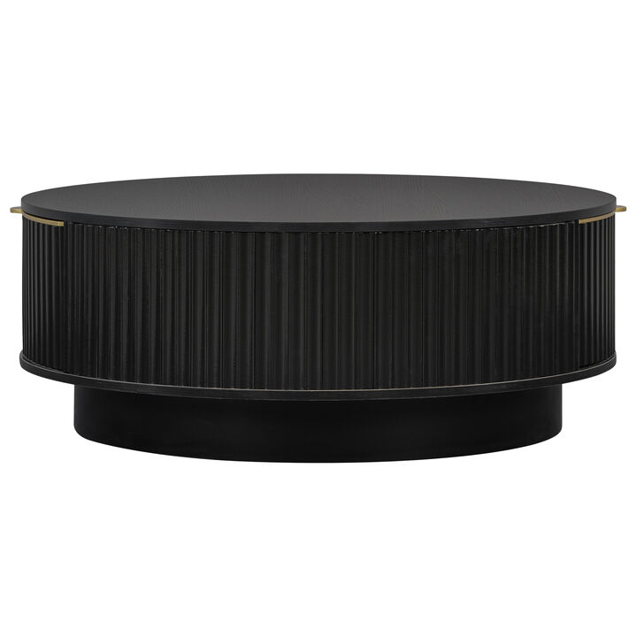 Merax Contemporary Round Coffee Table with Fluted Side Detailing, Concealed Drawers & Gold