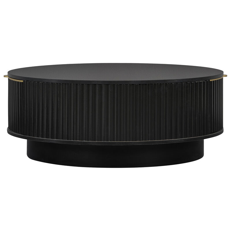 Merax Contemporary Round Coffee Table with Fluted Side Detailing, Concealed Drawers & Gold image number 0