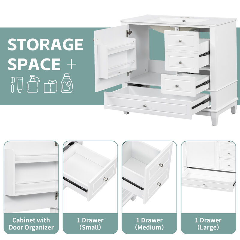 Merax Freestanding White Bathroom Vanity with Integrated Ceramic Sink