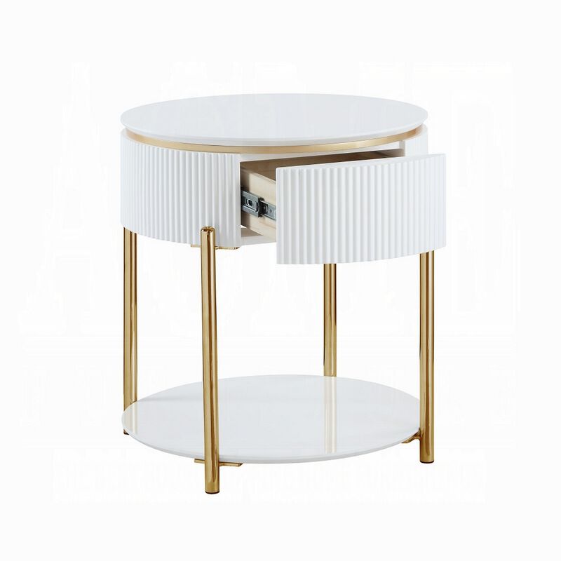 Tyce Side End Table with Drawer, 22 Inch Glossy White, Gold Metal