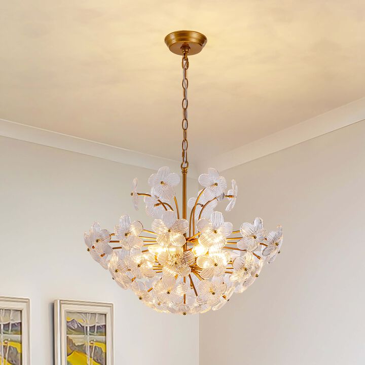 Rosa Modern 6-Light 22.4" Glam Ribbed Glass Flower Chandelier - Low-gloss Brushed Brass Finish